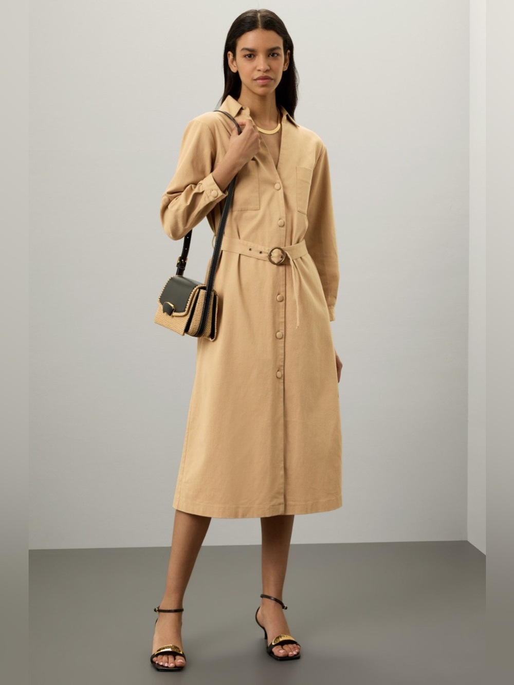 Belted Shirt Dress in Camel